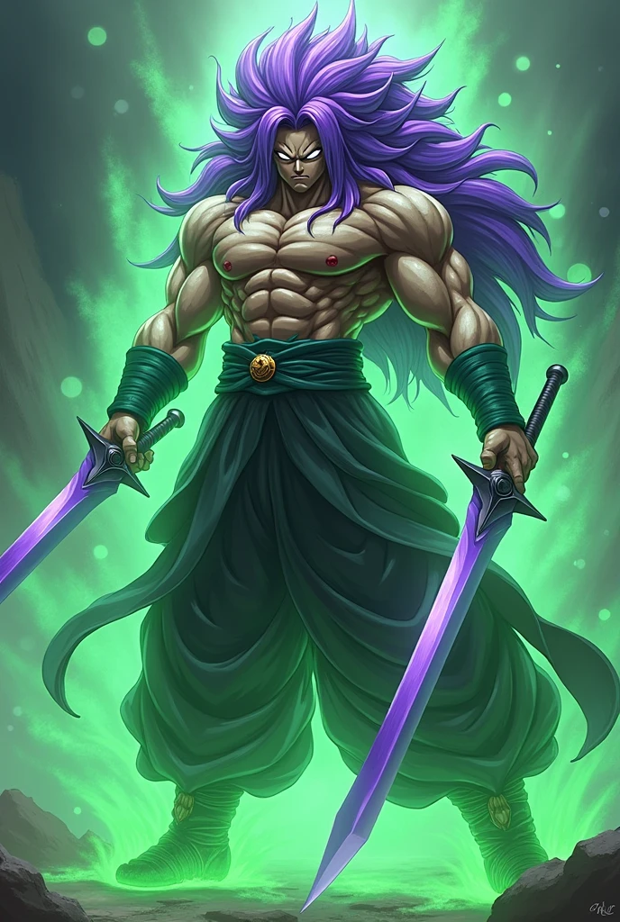 A character similar to Broly super Saiajyn but with purple hair and knee-length, completely white eyes holding two purple swords and a green light coming out around him, Long hair up to the knee