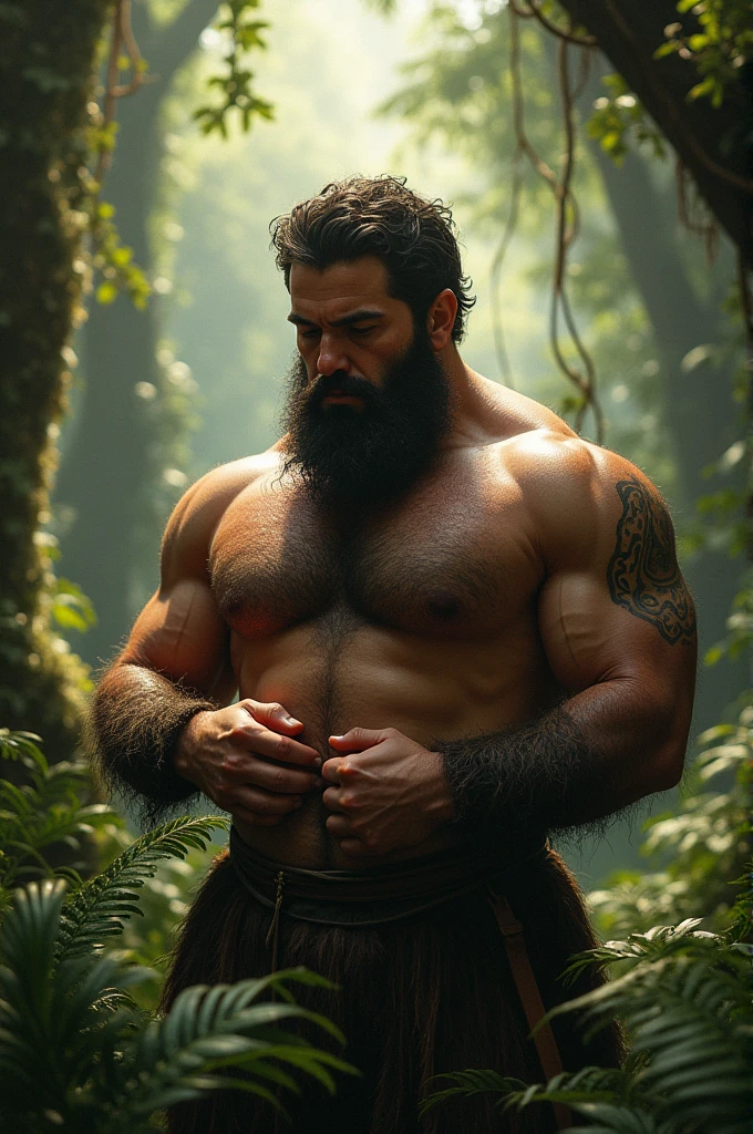 Create an image of a big man with a beard, short hair, hairy, naked, touching his penis in a forest