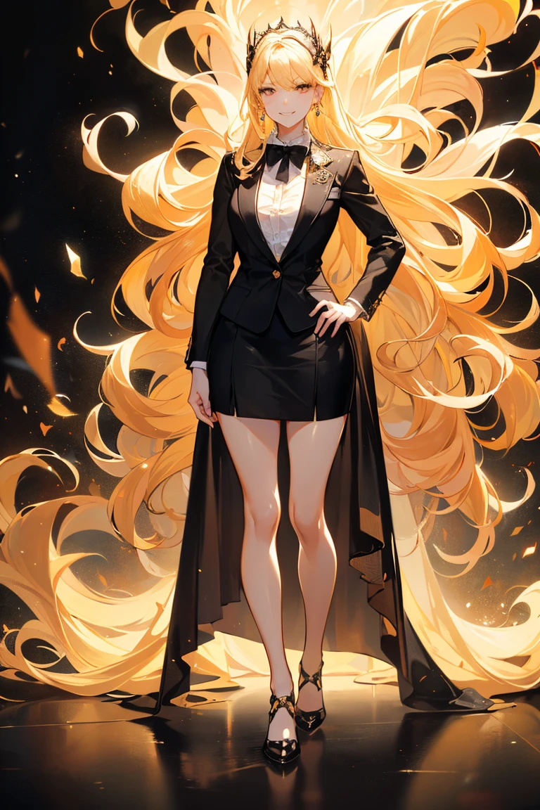 ((full body)), ((shot from a far distance)), ((extra long shot)), ((realistic)), ((Standing posture, legs crossed)), Detailed scenes, 1girll, looking toward the viewer, (grin, Leaking teeth), Asian model, curlies, Air bangs, Beautiful hair accessories, Brownish-yellow hair,((Black suit, neck bowtie, Short white skirt)), ((Campus style)), (warm lights, a warm color palette), Detailed details, ultra-detailliert, (tmasterpiece, best qualtiy), (An extremely delicate and beautiful work), Delicate earrings, Simple blurred background, Extreme detail description, Ultra-fine painting, Delicate face, slim toned body