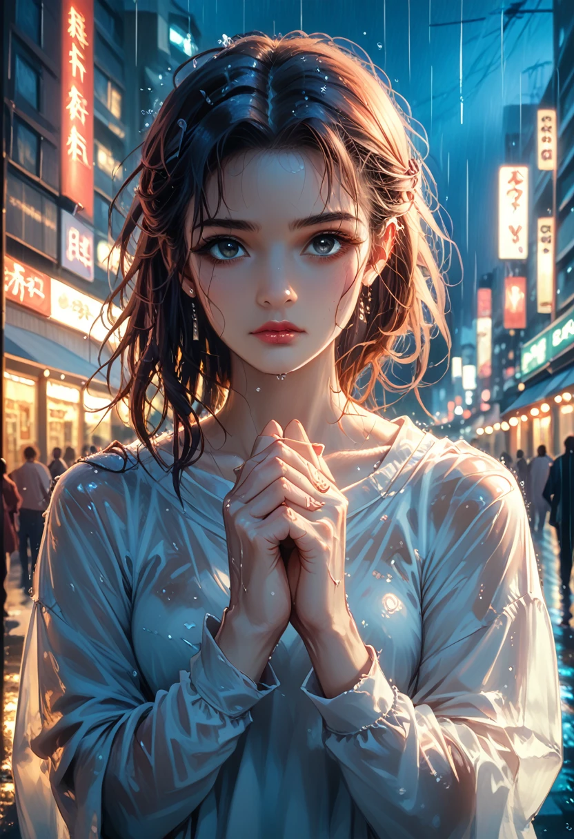 8k, RAW photo, best quality, masterpiece:1.2),(realistic, photo-realistic:1.37),Tokyo street,night, rain, wet,cityscape,night, cyberpunk city,soft light,1girl,, extremely beautiful face,bust,put down hands,Random hairstyle,Random hair color,Random expression,pigsney