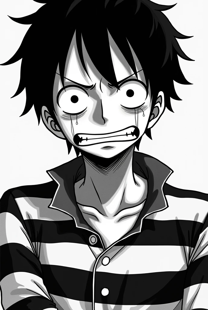 Monkey D. Luffy in black and white striped long sleeve prison uniform with teary eyes and crying