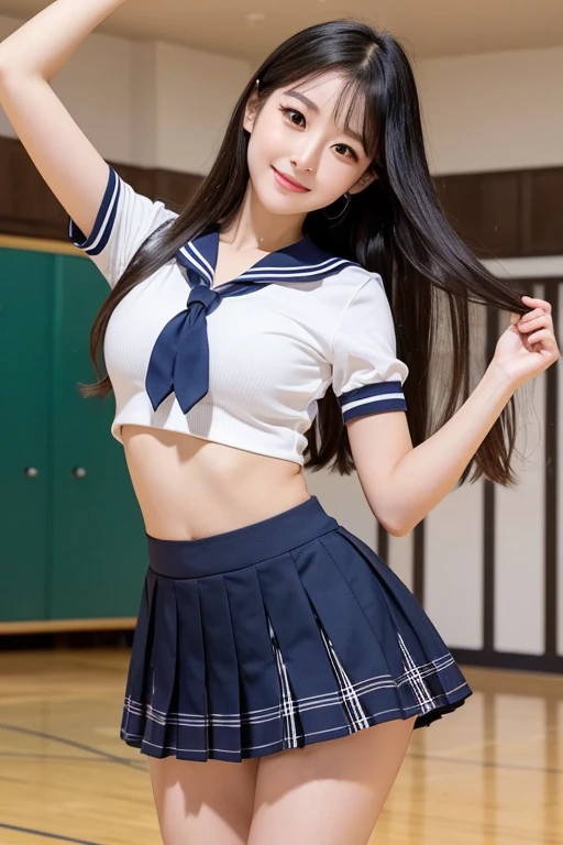 A beautiful Japanese idol with a perfect 8-head body line、Long Black Hair、A face that combines youthfulness and adulthood。She is wearing a sailor uniform with a checked mini pleated skirt.。Cute navel visible、Bust size is 203cm、Waist 38cm、Hips 85cm。Skirt gets flipped up violently in the school gym、Raise your arms、They dance fast and intense belly dancing, with their hips swinging from side to side.、A soft expression and a gentle gaze、Her modest smile exudes purity and sophistication.。