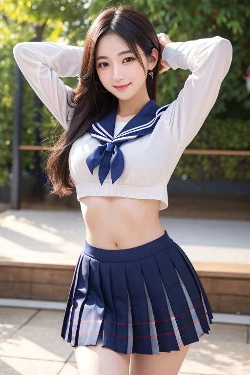 A beautiful Japanese idol with a perfect 8-head body line、Long Black Hair、A face that combines youthfulness and adulthood。She is wearing a sailor uniform with a checked mini pleated skirt.。Cute navel visible、Bust size is 203cm、Waist 38cm、Hips 85cm。Skirt gets flipped up violently in the school gym、Raise your arms、They dance fast and intense belly dancing, with their hips swinging from side to side.、A soft expression and a gentle gaze、Her modest smile exudes purity and sophistication.。