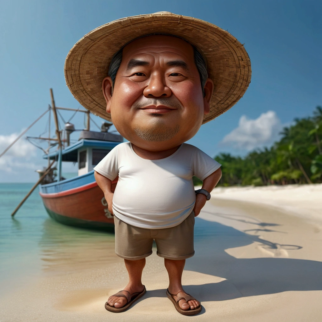 Realistic 4D caricature photo, big head, a middle-aged man with an Indonesian face, 50 years old,,clean face, round face,body is a bit chubby,wearing a farmer's hat made of woven bamboo,,wearing a white t-shirt, shorts, flip-flops, standing pose while leaning on a fishing boat, beautiful white sand beach background