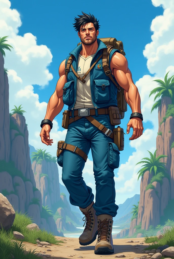 Adult man, black hair, black eyes, adventure clothes in blue, anime style
