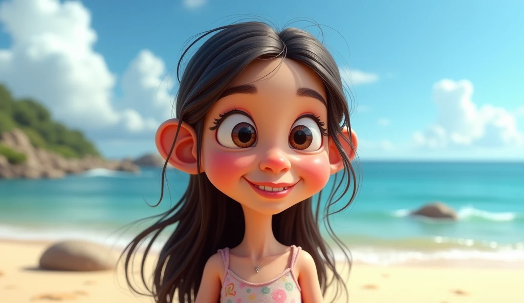 3D caricature of a girl's face with long hair standing looking at the sea on the beach