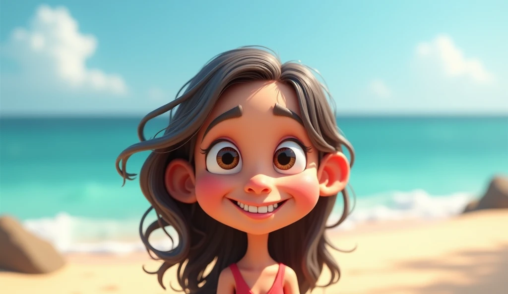 3D caricature of a girl's face with long hair standing looking at the sea on the beach