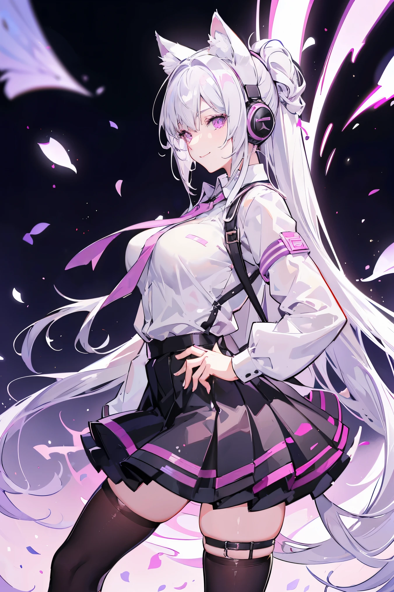 "anime girl, 1 person, silver white hair tied on both sides, light pink purple eyes, wearing cat ear headphones, female shirt, female school uniform, tie, black miniskirt, big breasts, smiling, tights,  standing cross-legged, side view, solo(full HD 4K+ image)"