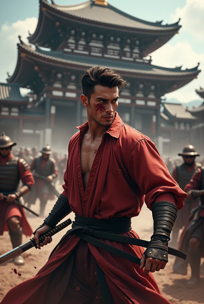 A brunette man with stylish  hair style,blood his body and face, fight with 4-5 enemy front of samurai temple