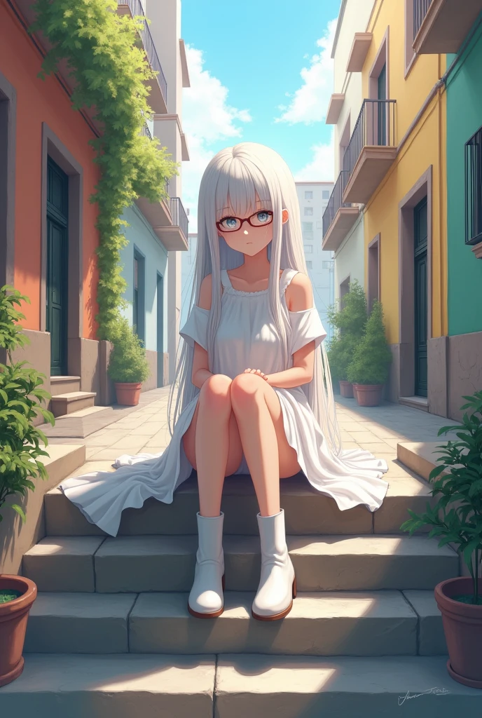 Girl with long straight white hair, bangs, glasses, gray eyes, white dress, white boots, sitting on stairs in the streets of Valencia