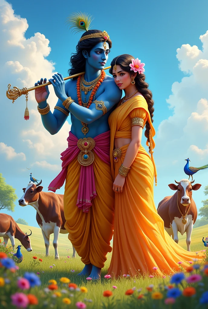 On a bright, sunny day, adult Lord Krishna stands tall in a vibrant field, his dark blue complexion striking against the landscape. He wears a peacock feather on his head and a light pink and white flower garland around his neck as he plays a melodious tune on his flute. Nearby, cows graze peacefully, and peacocks display their vivid plumage. Radha, with her fair complexion, stands close, resting her head gently on Krishna’s shoulder. She is dressed in a beautifully draped light orange saree with a yellow blouse, and her braided hair is adorned with colorful flowers. The meadow is lush with blooming flowers, and the blue sky above is dotted with a few clouds, creating a serene and picturesque scene.