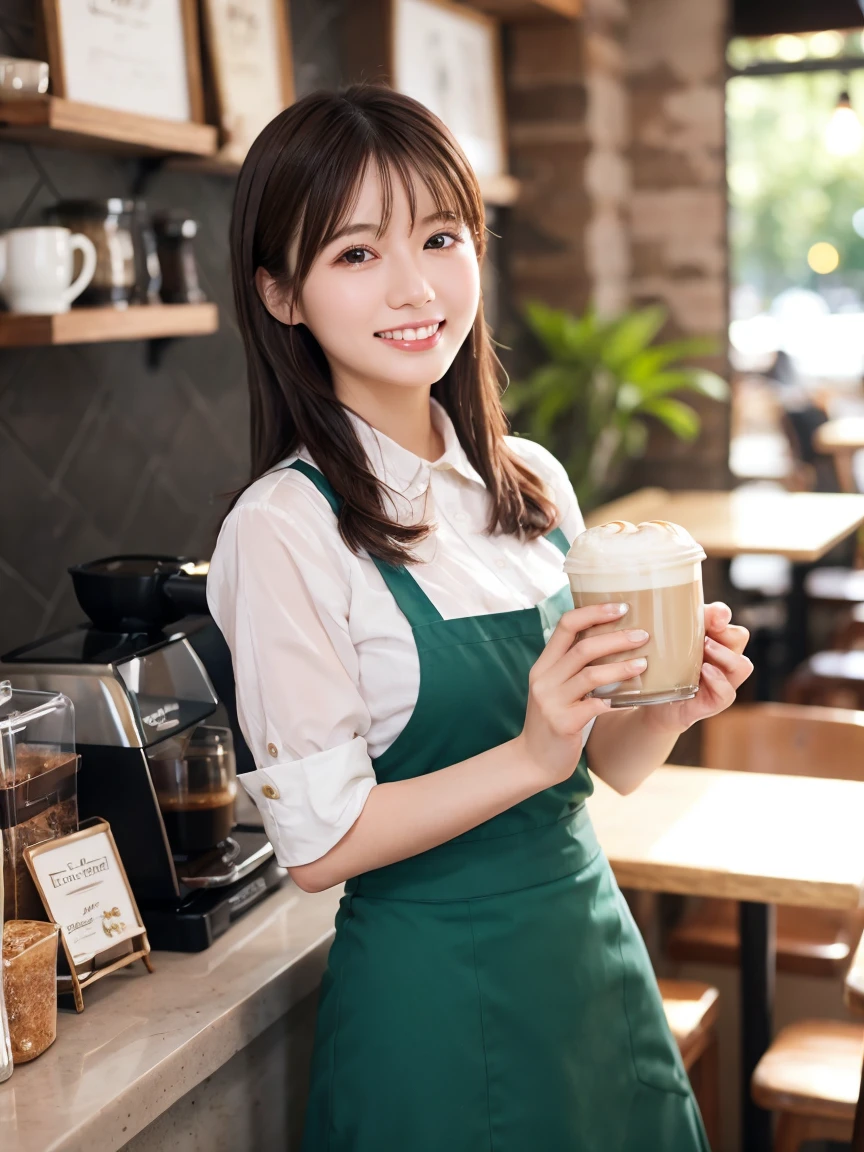 1 girl、(RAW Photos、Highest quality)、(Real、フォトReal:1.4)、Tabletop、Very delicate and beautiful、Very detailed、2k wallpaper、wonderful、Detailed、Very detailedCG Unity 8k壁紙、Super detailed、2、High resolution、(Green waitress outfit)、Long skirt、Frills、ribbon、Soft Light、Beautiful detailed girl、Cafeのウエイトレス、Medium Hair、Tied Hair、smile、Happy Face、Cafe、coffee shop、Latte Art