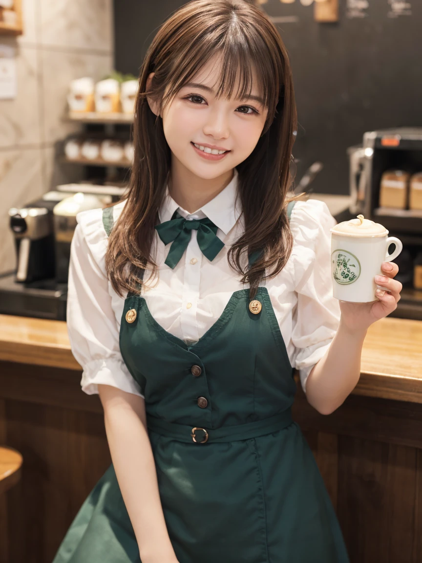 1 girl、(RAW Photos、Highest quality)、(Real、フォトReal:1.4)、Tabletop、Very delicate and beautiful、Very detailed、2k wallpaper、wonderful、Detailed、Very detailedCG Unity 8k壁紙、Super detailed、2、High resolution、(Green waitress outfit)、Long skirt、Frills、ribbon、Soft Light、Beautiful detailed girl、Cafeのウエイトレス、Medium Hair、Tied Hair、smile、Happy Face、Cafe、coffee shop、Latte Art