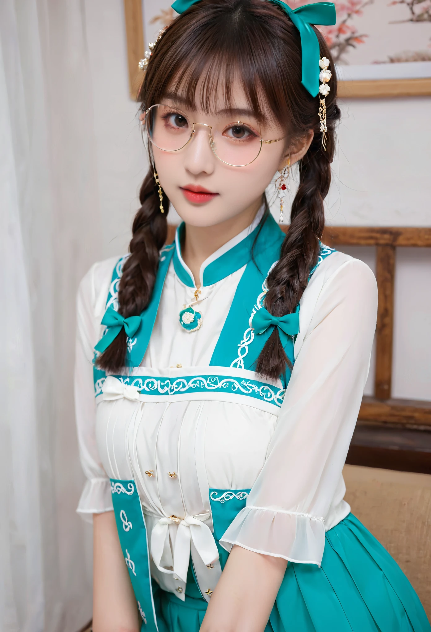 Zhezhi, twintails, glasses, hair ribbon, chinese clothes, white pantyhose,