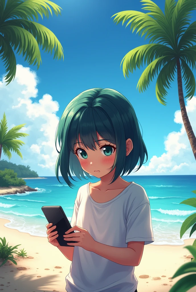 Cell phone in hand on the beach in anime drawing hd
