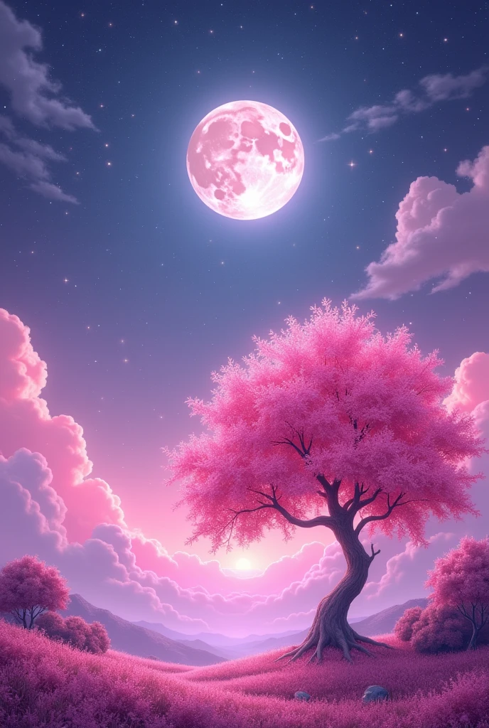 A landscape of the pink sky with the moon at its highest point and the stars shining brighter than ever with a duranto tree showing its pink leaves