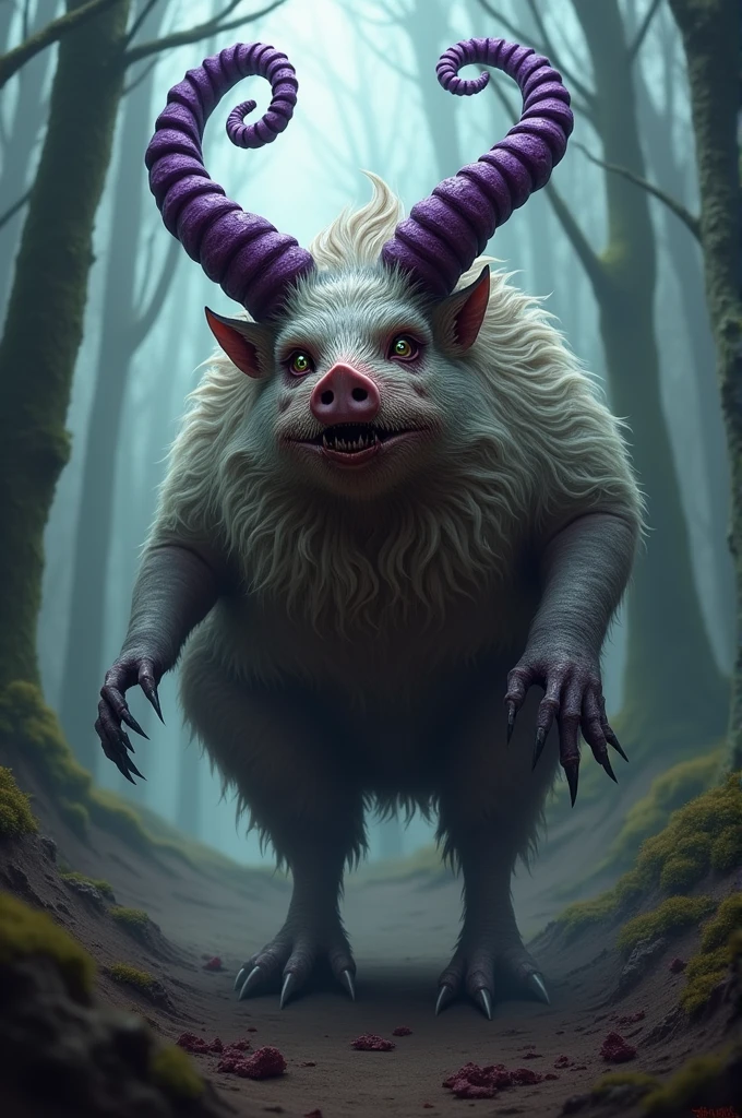 The Zombie Pig Queen has purple horns and a chicken-mouthed beak.