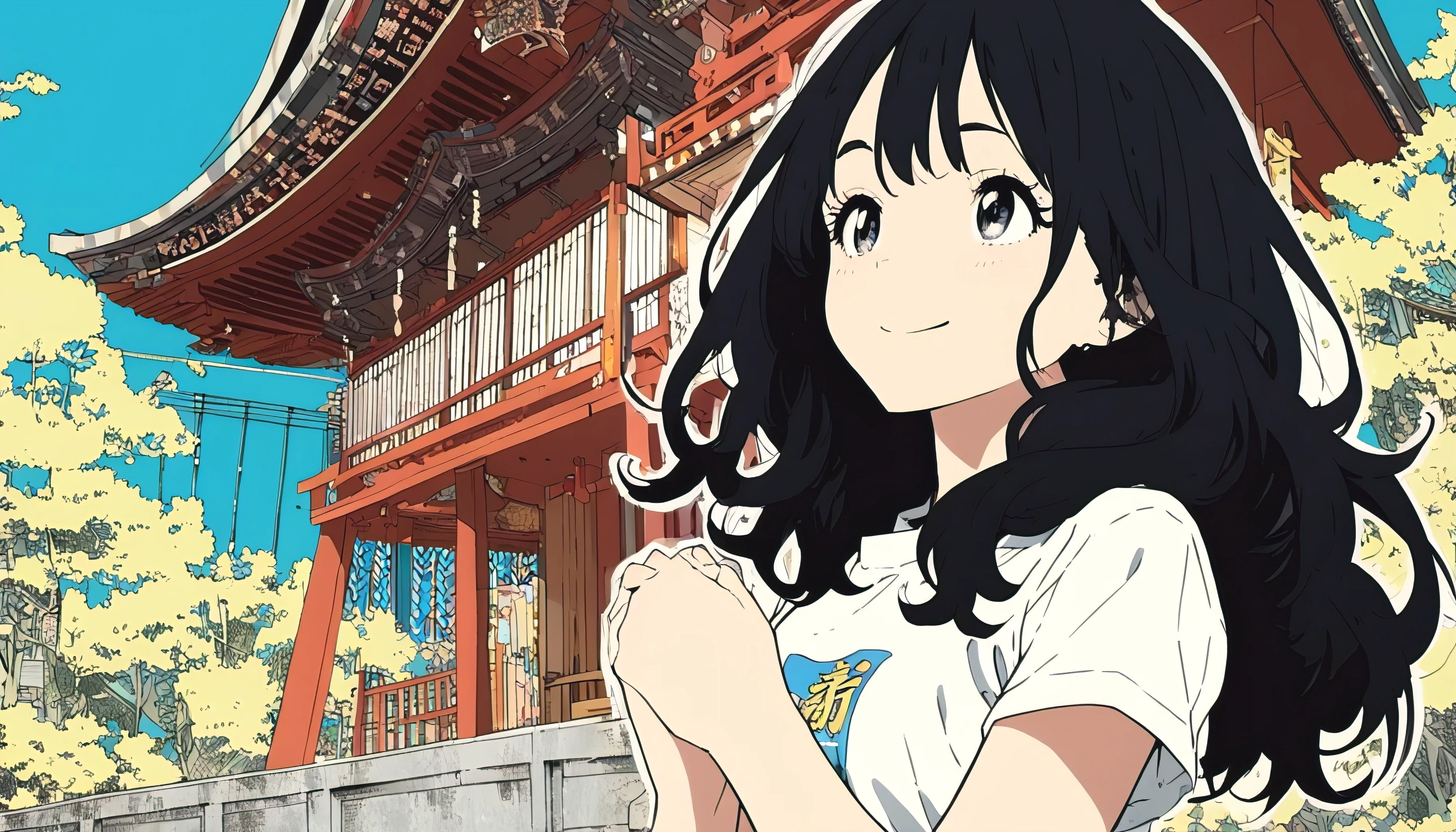 Extremely detailed 8K CG, Very detailed:1.3, Very delicate and detailed face:1.3, (Absurd, texture, masterpiece), Long hair,Pop Art, pixiv Contest Winner, by Posuka Demizu, Visiting the shrine with a smile,Put your hands together,Dynamic cartoon style illustrations,Over T-shirt,Black Hair,whole body