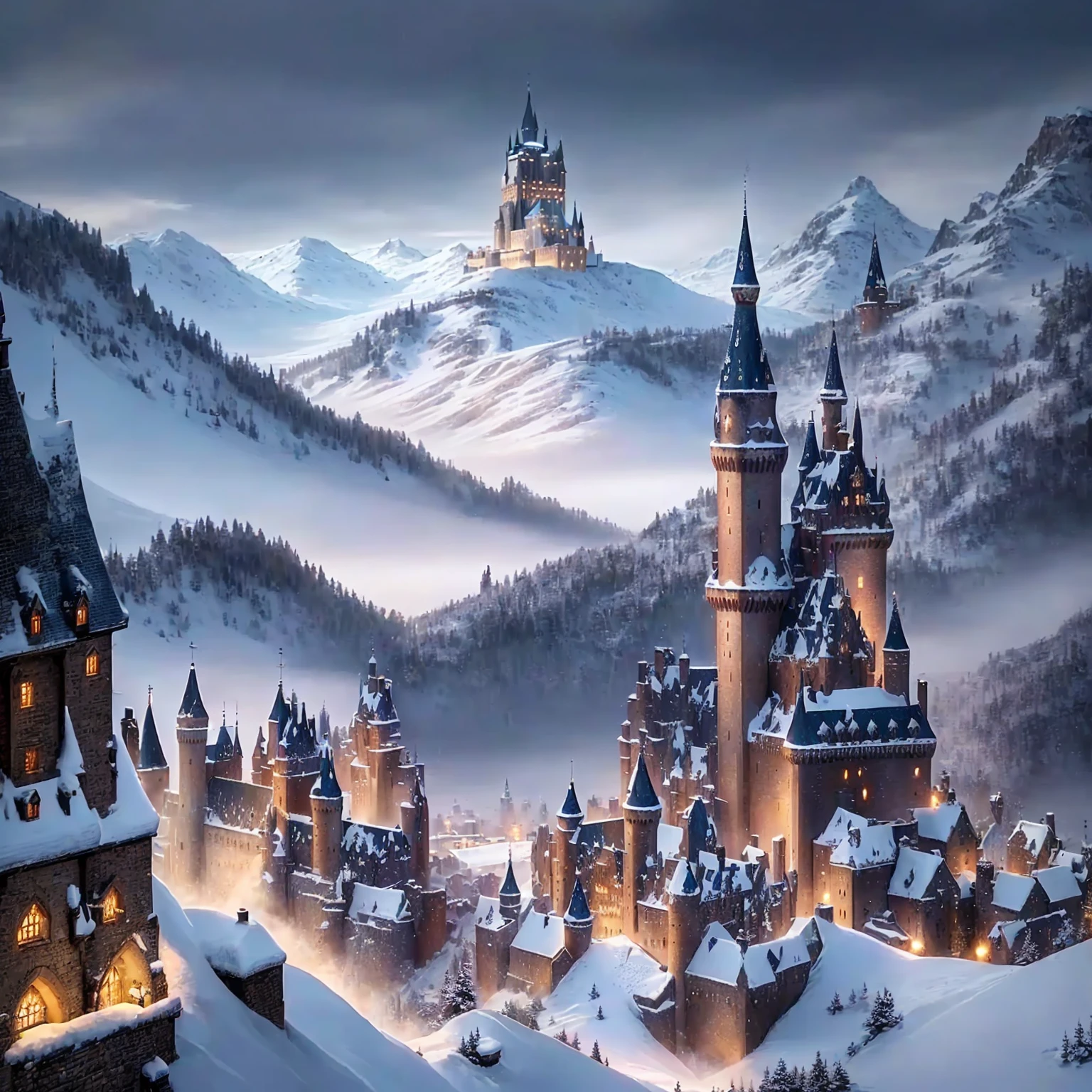 Night scene of a castle with a snowy sky, fundo de hogwarts, medieval city background, fundo do castelo, Hogwarts Legacy, medieval castle background, hogwarts setting, a medieval city, epic castle with tall towers, winter concept art, magical concept art highlight, castelo de hogwarts, castle setting, medieval city, Hogwarts 2 0 7 7, high fantasy castle, manga castle scene