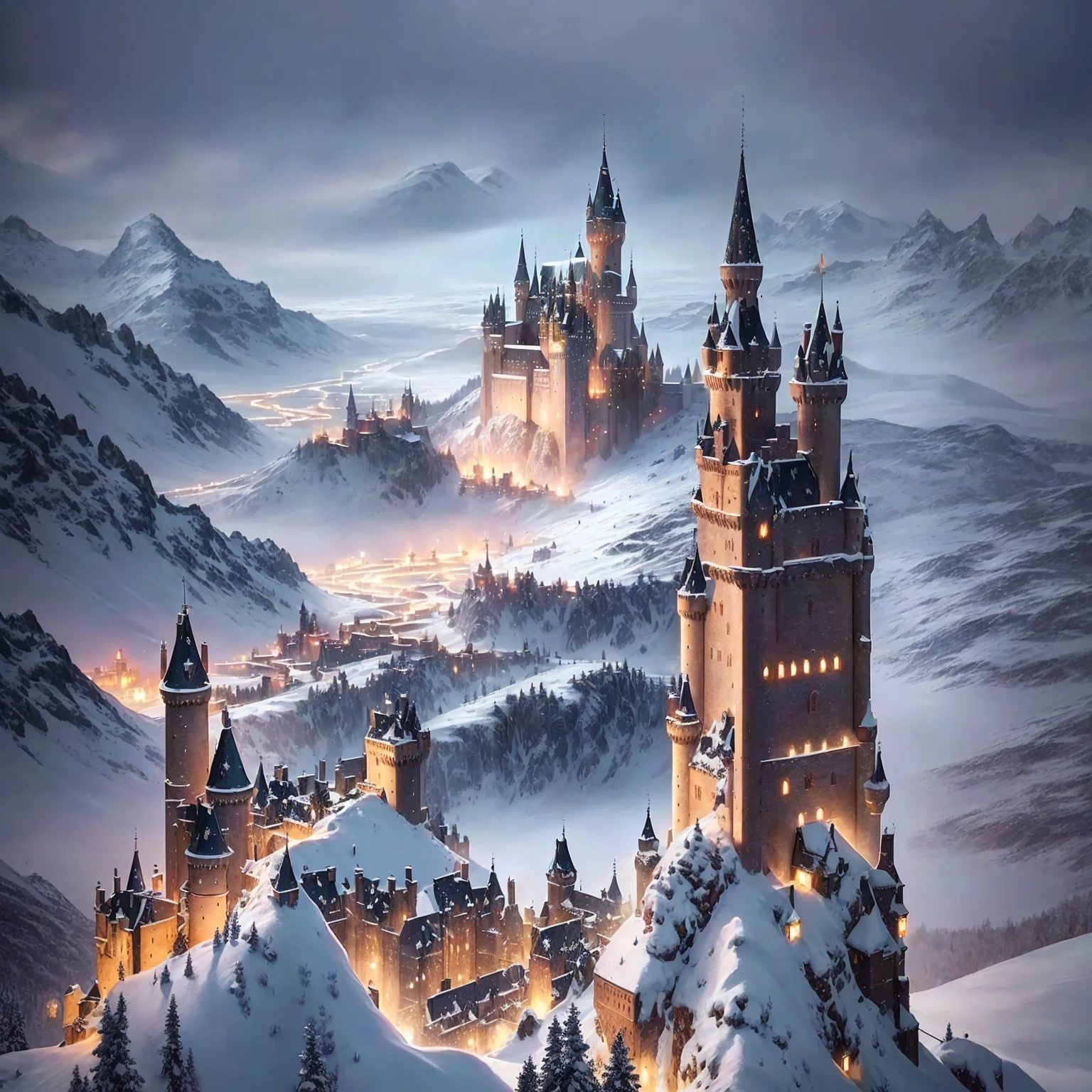 Night scene of a castle with a snowy sky, fundo de hogwarts, medieval city background, fundo do castelo, Hogwarts Legacy, medieval castle background, hogwarts setting, a medieval city, epic castle with tall towers, winter concept art, magical concept art highlight, castelo de hogwarts, castle setting, medieval city, Hogwarts 2 0 7 7, high fantasy castle, manga castle scene