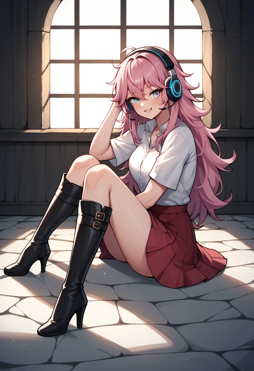 score_9, score_8_up, score_7_up, score_6_up, score_5_up, score_4_up, source_anime, 1woman, sit, pink hair, long hair, white eyes, messy hair, white shirt, red skirts, thigh high boots, heels, floor, carpet, dungeon, headphones, best quality, best res, 4K, UHD,