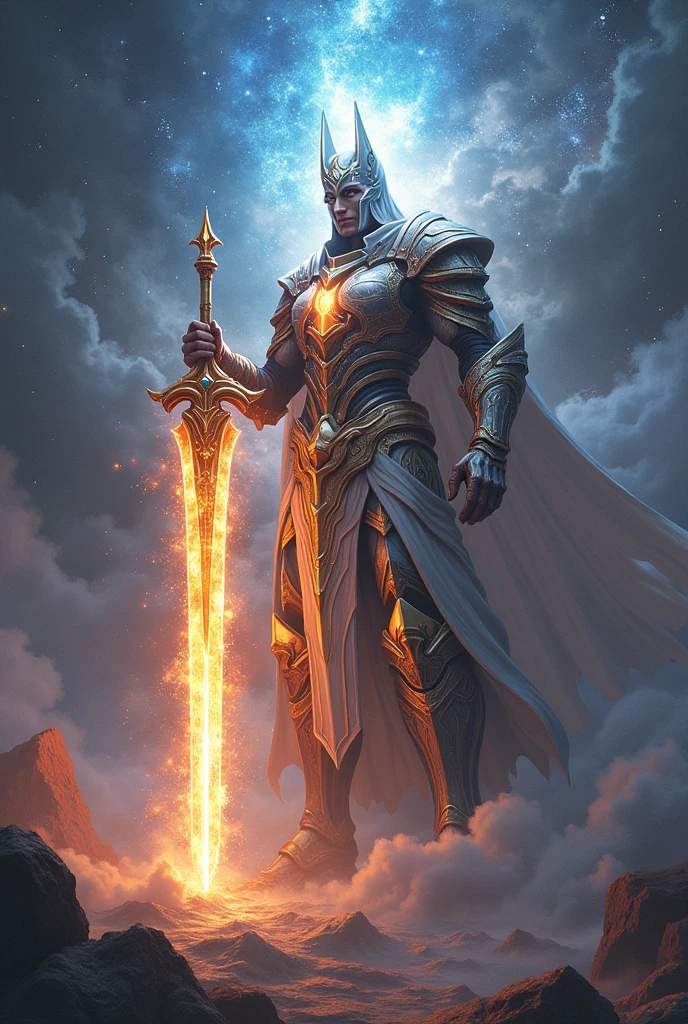 Imagine the "Armorer of the Cosmos", a towering, radiant deity wielding the "Omnium", a shimmering, ethereal sword that contains the essence of every weapon ever forged, its blade a kaleidoscope of shifting forms and energies, representing the infinite possibilities of combat and creation, with armor that shimmers like the stars and eyes that burn like supernovas, set against a backdrop of celestial battlegrounds and the echoes of eternal conflict.