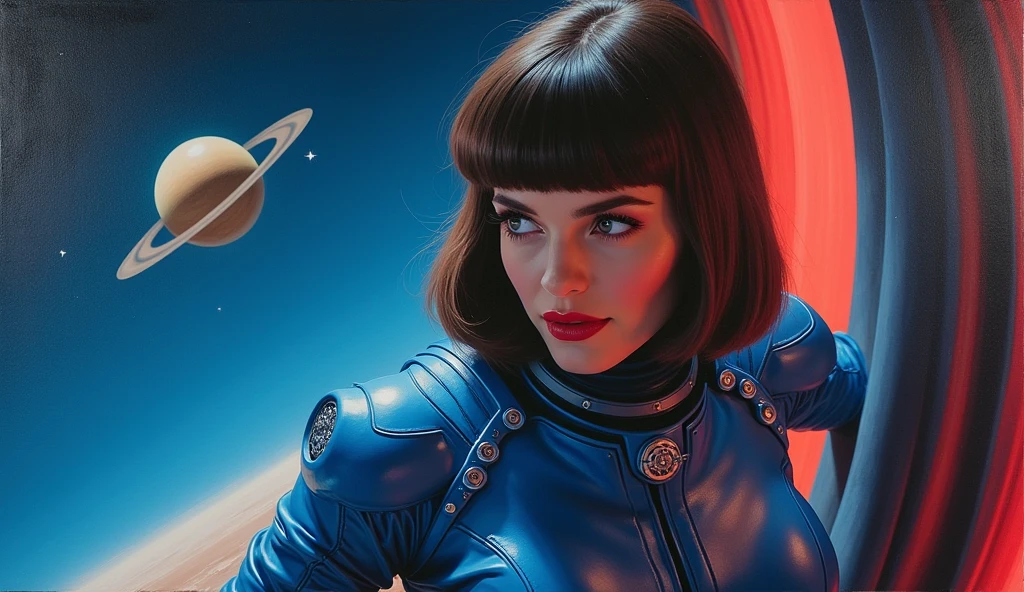 High-quality realistic acrylic art, VIVID COLORS, back point a view, a beautiful vintage european woman with brown straight hair, bangs, looking at the viewer with suspicious face and a shy smile, red lips, she wears sci-fi blue metalic space suit, hands in the waist, dramatic blue red lights, in deep space with a partial planet in orbit