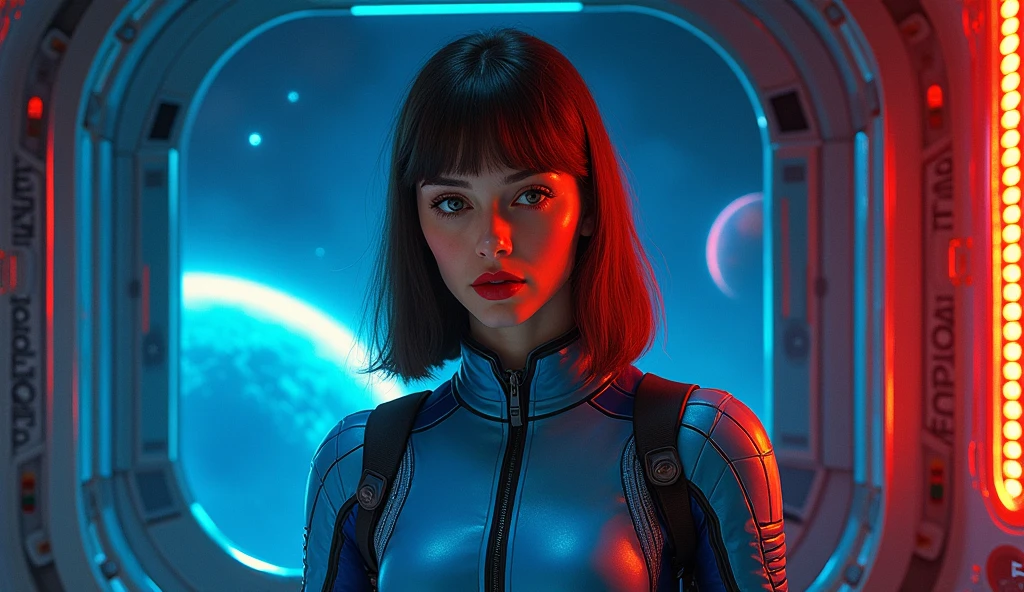 High-quality realistic acrylic art, VIVID COLORS, back point a view, a beautiful vintage european woman with brown straight hair, bangs, looking at the viewer with suspicious face and a shy smile, red lips, she wears sci-fi blue metalic space suit, hands in the waist, dramatic blue red lights, in deep space with a partial planet in orbit
