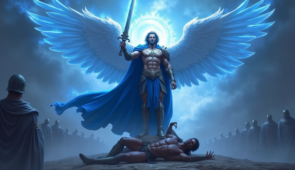 ultra realistic image of archangel michael blue cape, firm look, with his blue flame sword, stepping on the head of the demon who is lying prostrate on the ground, around his head a halo with blue light, convey depth, in the background his soldiers