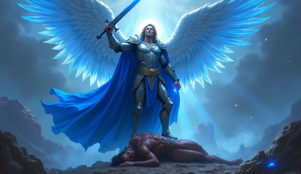 ultra realistic image of archangel michael blue cape, firm look, with his blue flame sword, stepping on the head of the demon who is lying prostrate on the ground, around his head a halo with blue light, convey depth, in the background his soldiers