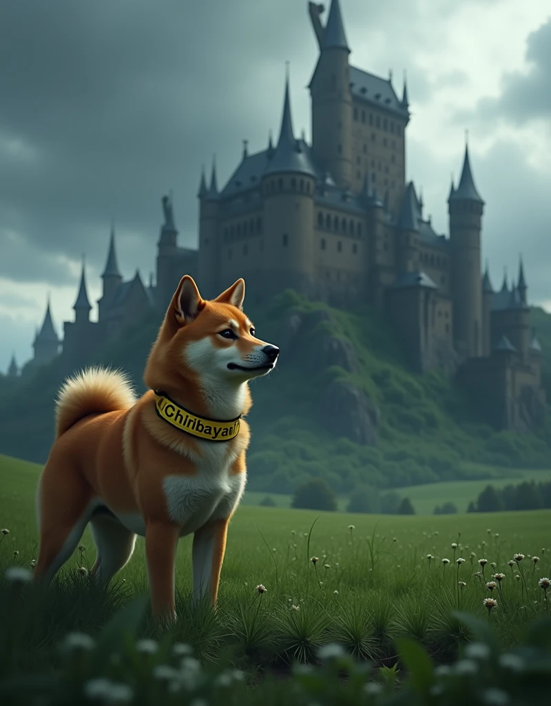 A Shiba Inu breed dog with a yellow collar engraved with his name, "Chiribaya", The furry one is standing in a field of grass. standing in front of a large, dark, sinister looking castle with many towers. The sky is cloudy, with dark clouds.