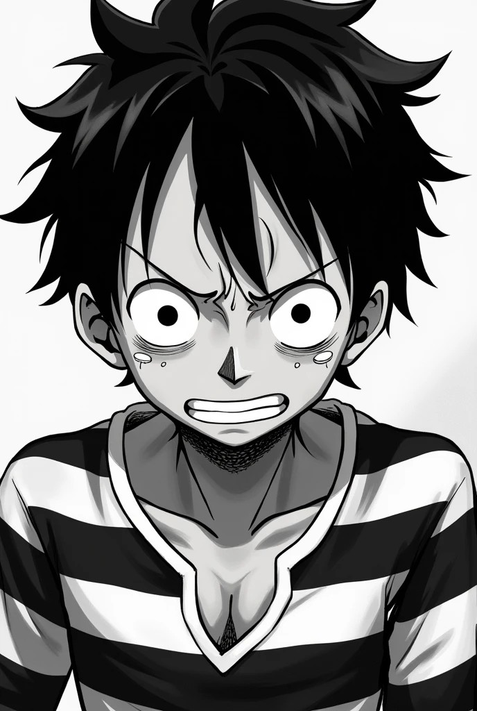 Monkey D. Luffy in black and white striped long sleeve prison uniform with teary eyes and crying
