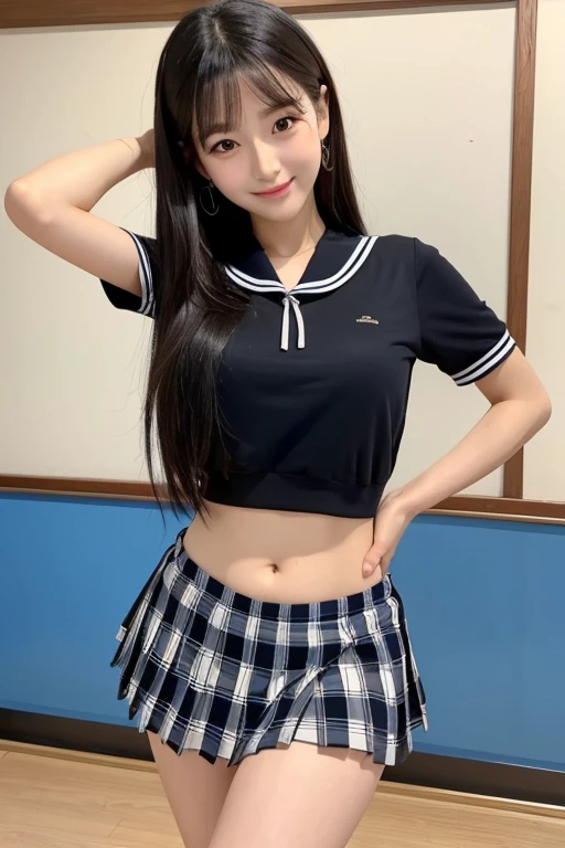 A beautiful Japanese idol with a perfect 8-head body line、Long Black Hair、A face that combines youthfulness and adulthood。She is wearing a sailor uniform with a checked mini pleated skirt.。Cute navel visible、Bust size is 203cm、Waist 38cm、Hips 85cm。Skirt gets flipped up violently in the school gym、Raise your arms、They dance fast and intense belly dancing, with their hips swinging from side to side.、A soft expression and a gentle gaze、Her modest smile exudes purity and sophistication.。
