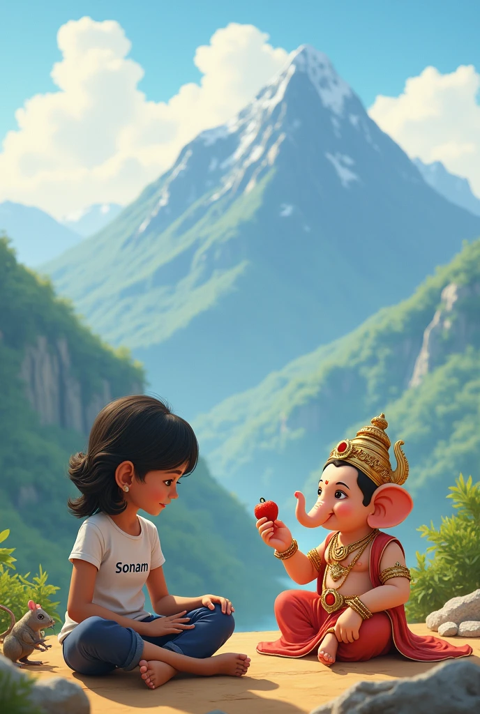 Create a digital artwork featuring a serene landscape with mountains in the background. In the foreground, depict a Child Girl sitting cross-legged, wearing modern clothing with her name, 'Sonam' written on her T-shirt. Next to her, place Child Ganesha. A small mouse, Lord Ganesha's vehicle, should be sitting nearby Wow, you have caught a juicy laddu. Lord Ganesha should be adorned with traditional jewelry and clothing, exuding a divine and peaceful aura. The overall scene should blend elements of traditional spirituality with modern aesthetics, creating a harmonious and serene atmosphere."