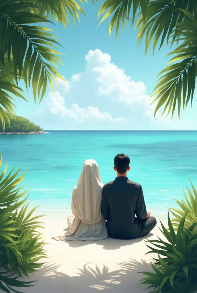 Picture of Muslim man and woman without face where they are in Maldives, sitting next to the ocean on the beach.