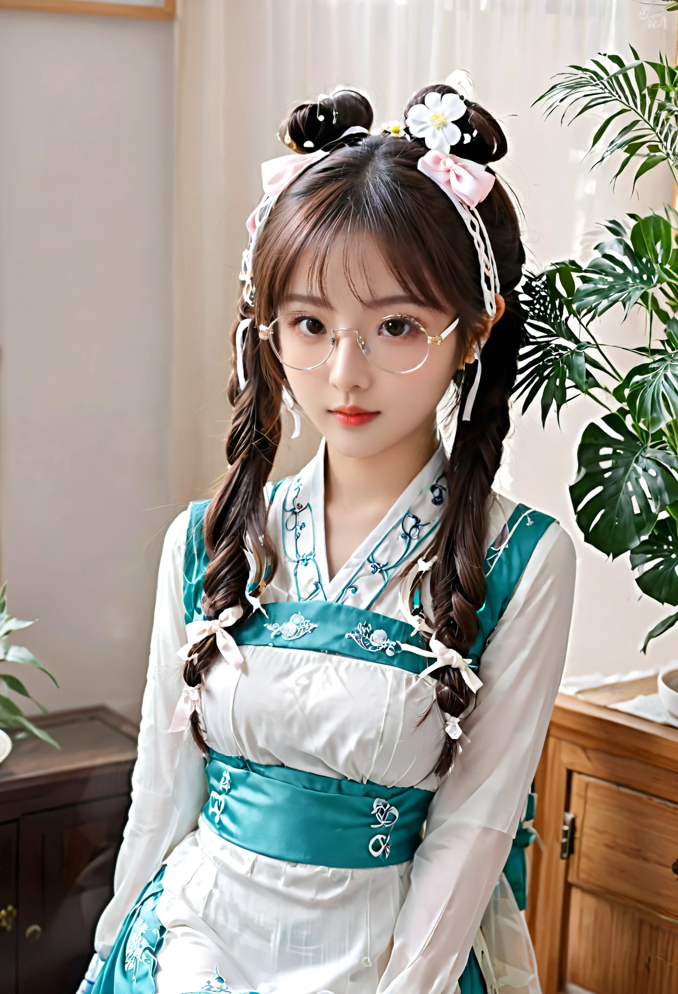 Zhezhi, twintails, glasses, hair ribbon, chinese clothes, white pantyhose,