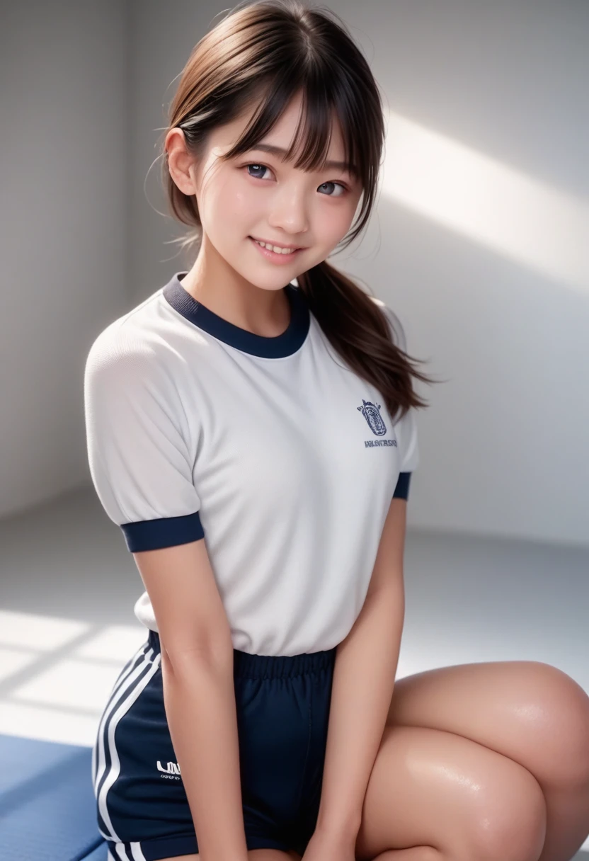 score_9, score_8_up, score_7_up,(Best quality:1.0),(masterpiece:1.0),photorealism, realistic, photorealistic, Beautiful Adscent, break, 1girl, 15y, cute face,  (black hair:1.1), (black eyes), low ponytail, (small breasts:1.1), beautiful Detailed (well-shaped) breasts, slender, smile,(japanese:1.2), short sleeves, blue shorts, gym uniform,(Detailed Lighting), (Detailed background), indoors, mat, gym storeroom, BREAK ,,super detailed skin,shiny skin,very high resolution, very aesthetic, Best sexual lighting powered by famous artist, 8k, 16k, sexual photo, photoshop_(medium),,best photo 8k konachan wallpaper, UHD Picture,uncensored,