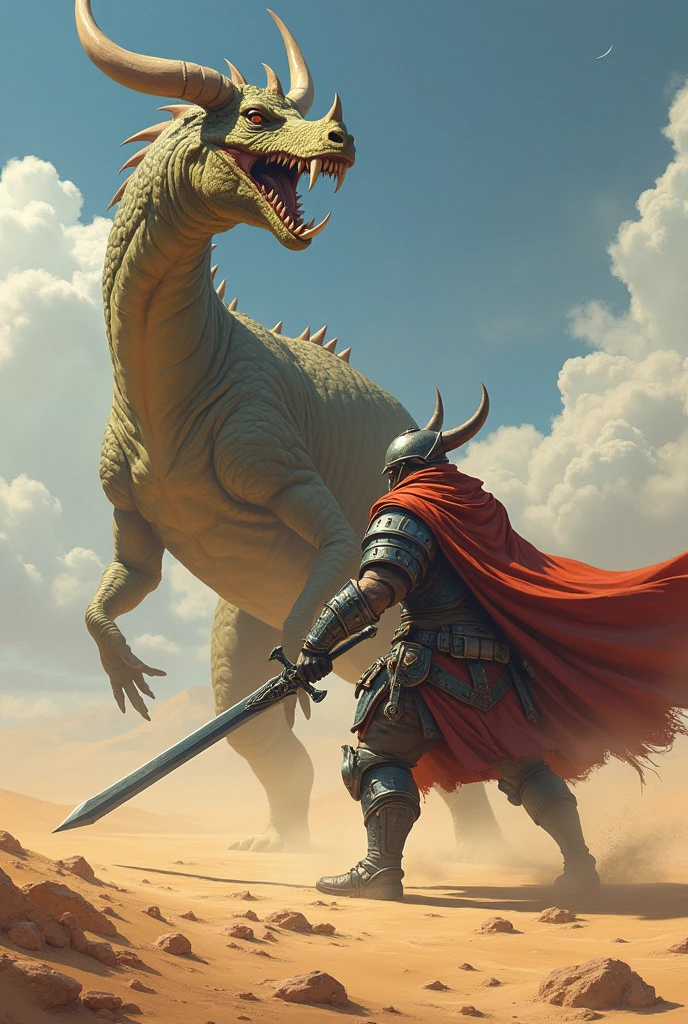 Monster hunter with large armor and cape, He has a giant sword and shield, is jumping back, while a dragon is coming out of the ground in front of him, with thick bull horns, without nose, long boar tusks, triceratops crest, without front legs, in the middle of a desert