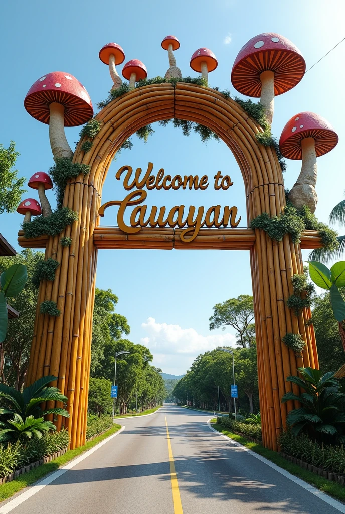 Create a welcome arch for Cauayan City Isabela, use bamboo and muahrooms as design make it crwative and welcoming , make wider and larger like a an overhead boundary marker of a town, but keep the design, make it wider and put metals and carved rocks but the designs are still bamboo and mushrooms put "WELCOME TO CAUAYAN" 

Use this instrction in designing the welcome arch To ensure that construction of welcome arch/overhead boundary marker structures and installation of overhead utility and power lines across and along national highways will provide sufficient horizontal and vertical clearances, the following guidelines with typical sections are hereby prescribed:

A. Welcome Arch/Overhead Boundary Marker:

1. To give allowance for future road improvement and widening, welcome arch's/overhead boundary marker's posts shall be located at 2.0m setback from the road right-of-way (RROW) limit to give allowance for the space allotted for underground utilities per D.O. No. 26, s. 2011, re: Policy on Diggings/Excavations by Private and Public Utilities on National Roads, as shown in Typical Sections 1 and 2, Annex "A").

2. Welcome arch/overhead boundary marker shall be provided with minimum vertical clearance of 5.33m from the roadway surface as shown in Annexes "A" and "B".

3. On critical fill slope (where vehicles have high propensity to overturn) and on non- traversable cut slope, welcome arch's/overhead boundary marker's posts may be allowed along the edge of the shoulder provided the posts shall be shielded with appropriate barrier, (Typical Sections 3 and 4, Annex "B").

4. On road sections where there are RROW constraints, like in urban areas, posts shall be located along the edge of the sidewalk, (Typical Section 5, Annex "C").

B. Overhead Utilities and Power Lines:

1. For overhead utility and power lines crossing the roadway where traffic comprise of trucks, vertical clearance shall not be less than 5.50m meters from the roadway surface to the calculated lowest