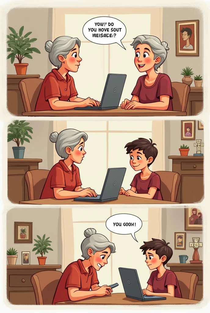 Comics strip about Mother and Son about clicking unkown links in social media and the son educates his mother that this links are scam and will only get your personal information English Language