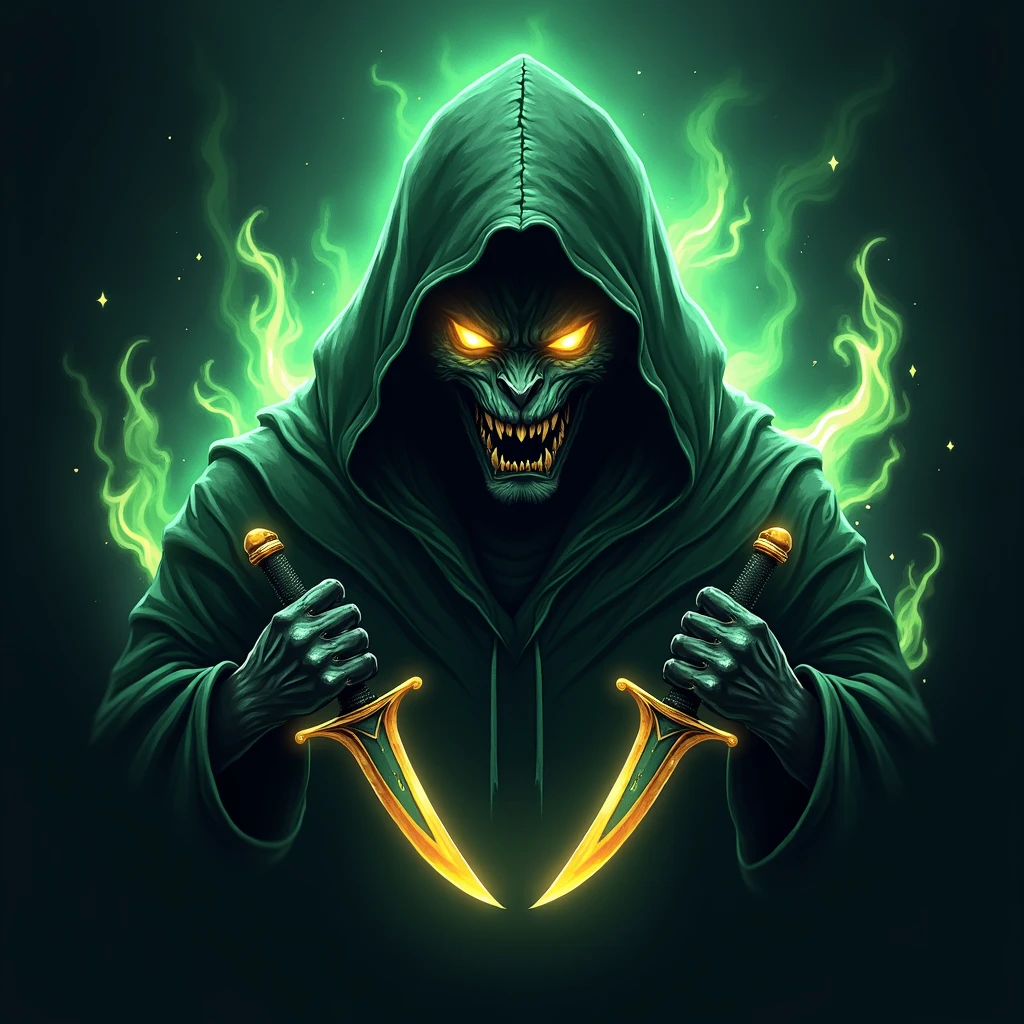 a heavily detailed dark fantasy esports logo, a menacing “TIGER-KING” with glowing red eyes and a sinister grin, shrouded in a tattered dark green hooded cloak made of mystical flowing energy, ghostly ethereal with vibrant green-dark highlights, two curved sharp (“crossed karambit”)((knives from CS:GO)) partially visible beneath the cloak, powerful aggressive competitive spirit, deep greens blacks vibrant gold white highlights, strong mysterious fierce identity, more detail, enhanced.