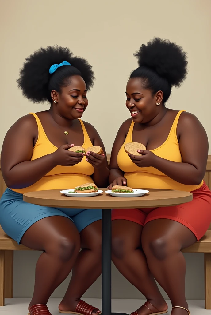2 black skinned ugly fat women eating sandwiches sitting