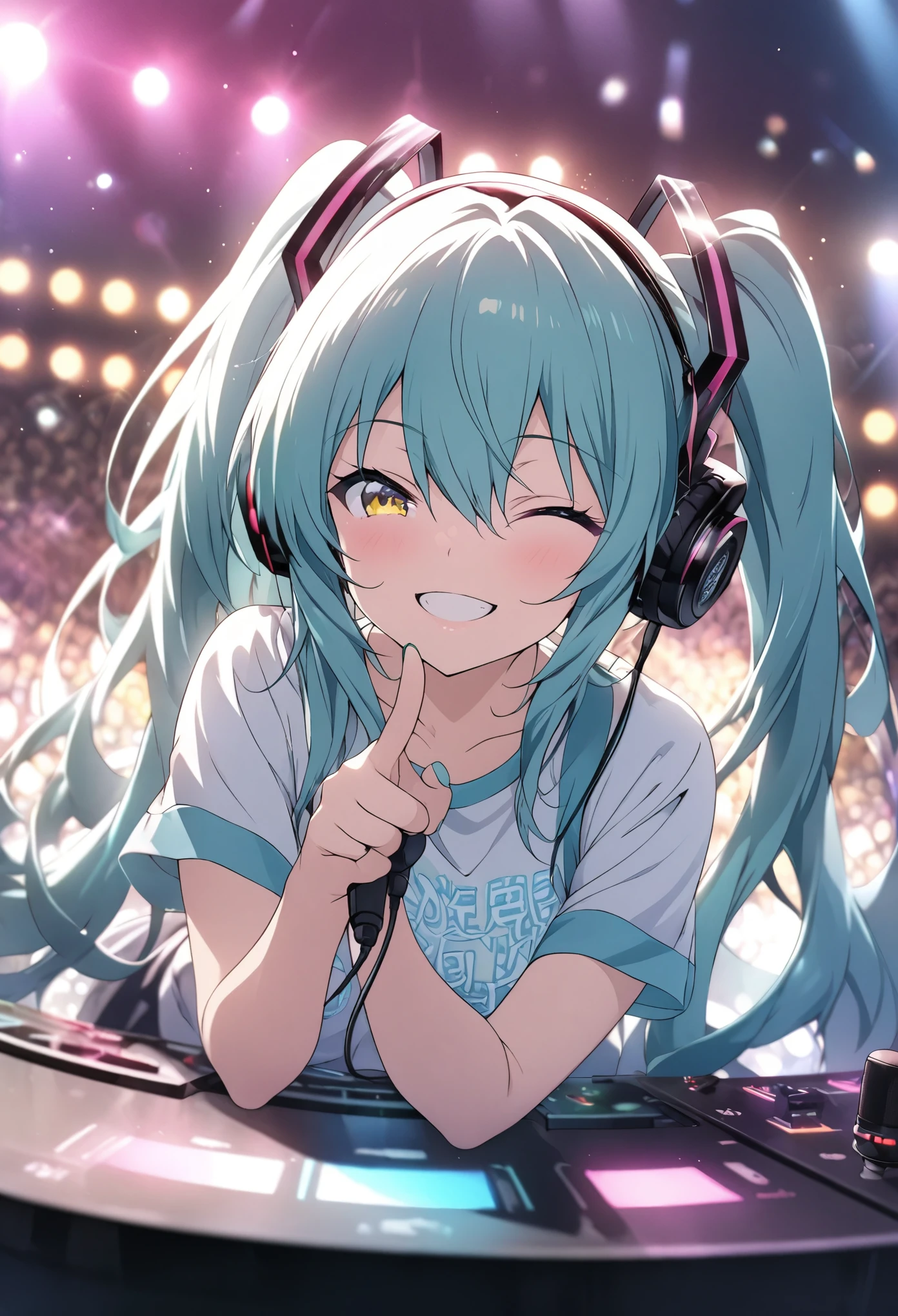 Hatsune Miku、masterpiece, Highest quality, Highly detailed CG Unity 8K wallpapers, High School Girl Anime Illustration. headphone microphone、Finger gun pose、she has her eyes closed and mouth open, smile. The background is a live stage with neon lights shining, white hair color, Yellow Eyes, The depth of deep writing、bokeh photography, (soft focus):1.2, out-of-focus highlights, dreamy ambiance, glowing circles, mesmerizing depth、Deep depth of field