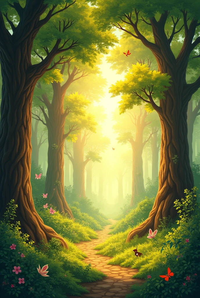 Create a fairytale setting inspired by the Snow White fairy tale, like a drawing style similar to the classic Snow White movie, the scene could be a forest, without snow white, nor his name, sunny forest