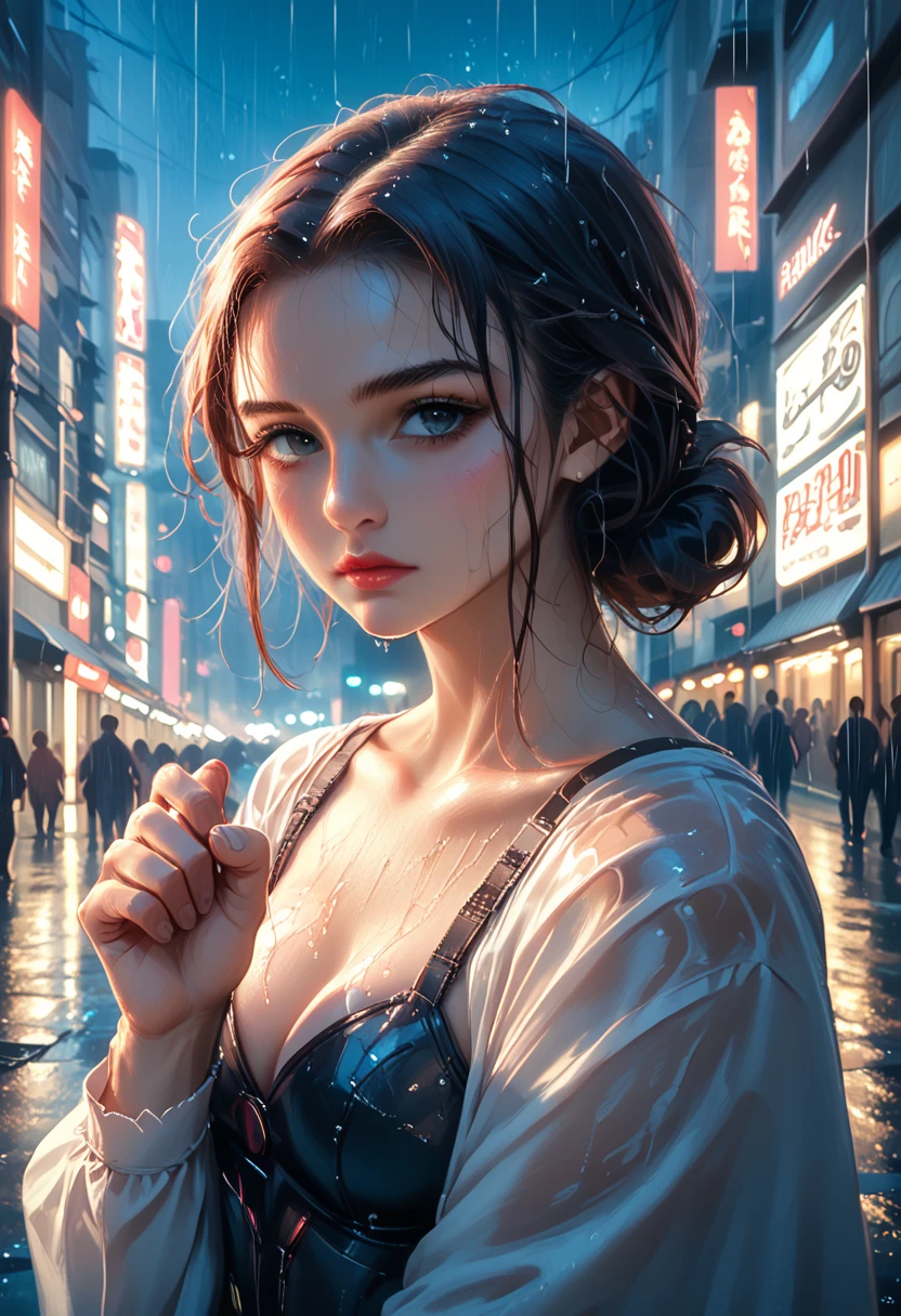 8k, RAW photo, best quality, masterpiece:1.2),(realistic, photo-realistic:1.37),Tokyo street,night, rain, wet,cityscape,night, cyberpunk city,soft light,1girl,, extremely beautiful face,bust,put down hands,Random hairstyle,Random hair color,Random expression,pigsney