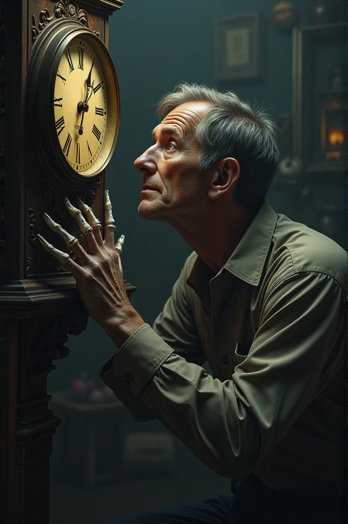 Man looking at a clock and scary fingers on his neck 
