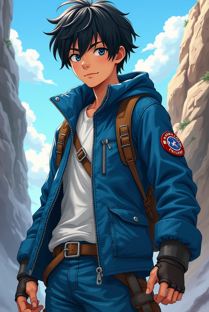 age man, black hair, black eyes, adventure clothes in blue, anime style