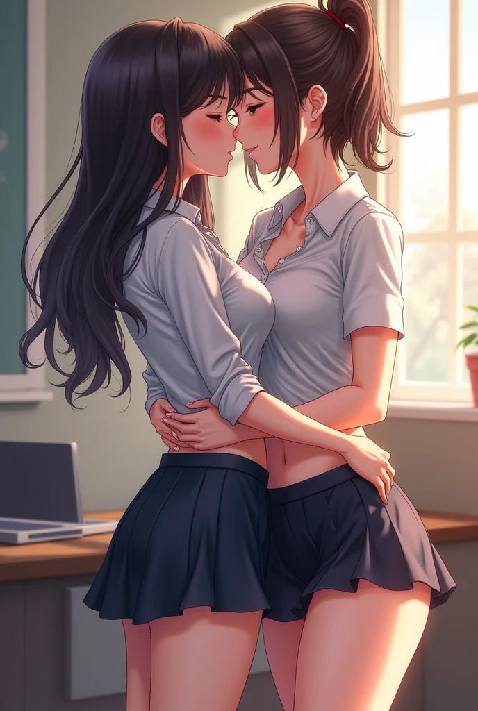 Pretty teacher with few curves, very short skirt, shirt slightly unbuttoned, kissing one of her students Anime