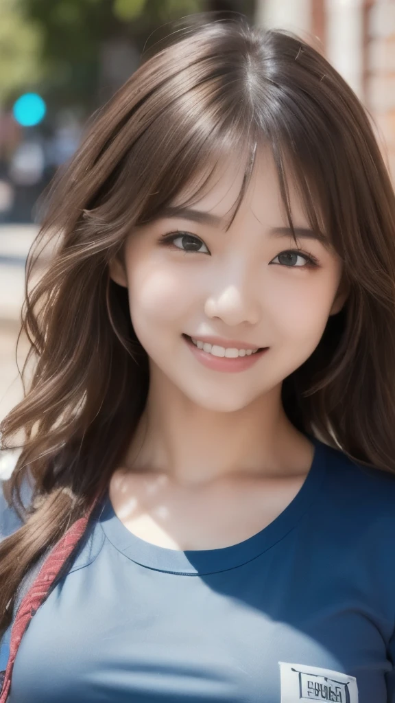 8k,Highest quality,(masterpiece:1.2),(Realistic),(Realistic:1.37),Ultra-high resolution,1 female college student,Long Wavy Hair,smile,Beautiful Eyes,Beautiful teeth alignment, In town,(((T-Shirts))),Big Breasts,Perfect body,Perfect Fingers,Professional Lighting,gravure,Detailed face and skin texture,fine grain,RAW Photos