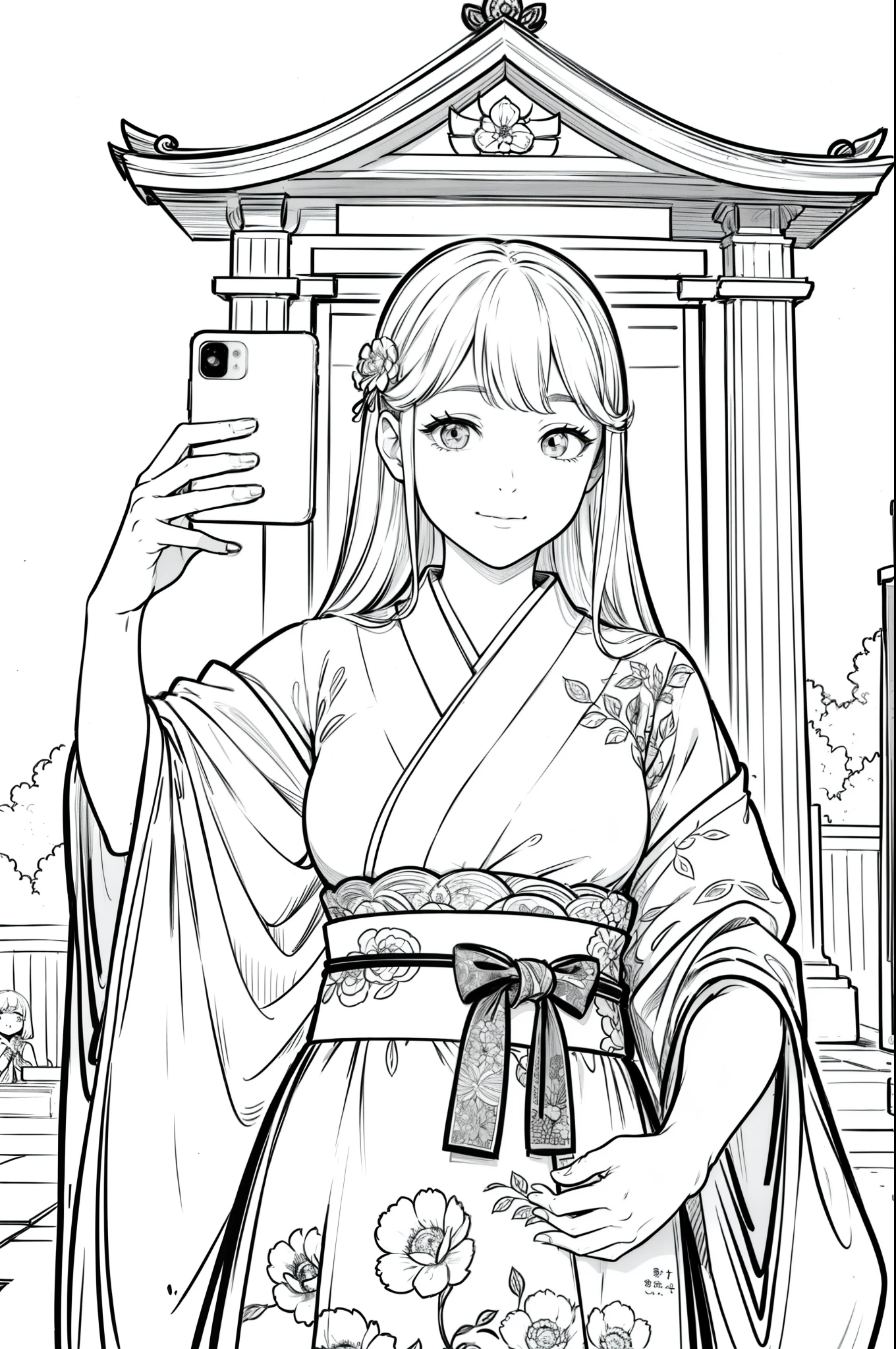 Masterpiece, top class, unique, cute, flower, line drawing background, white background, monochrome, line drawing, ((sketch)), creepy, white eyes, create a monochrome coloring book that even adults can easily do, a realistic and cute ukiyo-e of a girl wearing a kimono and smiling in front of a temple dedicated to the Tallest Buddha, taking a selfie with a smartphone in one hand, conveying Japanese culture.